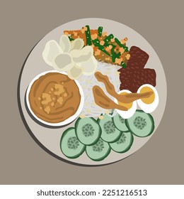 Food illustration, Gado - Gado or Lotek on a white plate and wooden table. traditional Indonesian food made from a mixture of boiled vegetables mixed with peanut sauce for poster design.