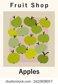 Food Illustration. Green apples hand drawn on beige background. Design for clothing prints, wall poster and decoration of various goods. Vector illustration.