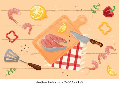 Comida illustration.BBQ e grelhar cartaz de jantar. Banner com comida na tábua de corte : bife de peixe, limão, pimenta, camarão, faca e espátula na mesa de madeira.Fundo culinário.Ilustração vetor. 