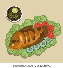 Food illustration, Grilled gourami or Gurame bakar with red barbeque sauce, vegetables, and chilli sauce on a plate for poster design.