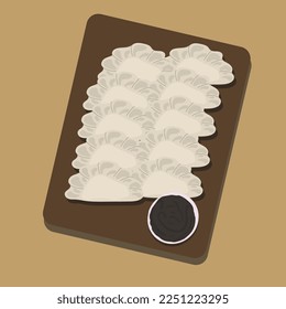Food illustration. Gyoza, fried asian dumplings served with soy sauce, scallion and sesame seeds on brown plate Top view for poster design