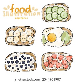 Food Illustration : Hand-drawn, Toast, Strawberry Yogurt, Almond Butter Banana, Cottage Chesse Blueberry, Cucumber Hummus, Avocado Egg 