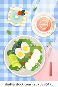 Food illustration. Healthy and fresh breakfast with healthy salad and doughnuts and grapefruit tea. Vector illustration design.