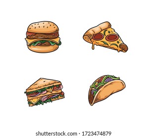 La Ilustración Vector de Alimentos incluye Burger, Pizza, Sandwich y Taco. Se puede utilizar para logotipo, icono, menú restaurante, embalaje y gráfico.