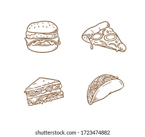 Food Illustration includes Burger, Pizza, Sandwich, and Taco. Can be used for logo, icon, restaurant menu, packaging, and graphic.