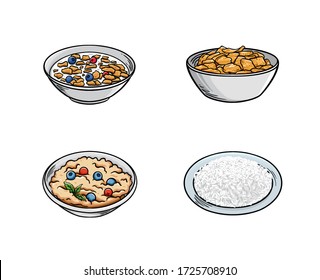 La Ilustración de vectores de alimentos incluye cereales, copos de maíz, avena y arroz. Se puede usar para logotipo, icono, menú de restaurante, empaque y gráfico.