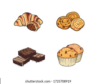 Food Illustration Includes Croissant, Danish Pastry, Brownies, And Muffin. Can Be Used For Logo, Icon, Restaurant Menu, Packaging, And Graphic.