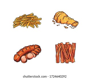 Food Illustration includes French Fries, Fried Chicken, Sausage, and Bacon. Can be used for logo, icon, restaurant menu, packaging, and graphic.