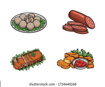 Food Illustration includes Meatball, Salami, Meatloaf and Chicken Nugget. Can be used for logo, icon, restaurant menu, packaging, and graphic.