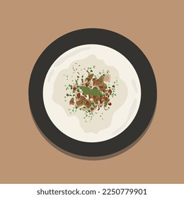 Food illustration, Indonesian dish 'bubur ayam' made of rice porridge served with shredded chicken, boiled eggs, green onion and krupuk prawn crackers for poster design