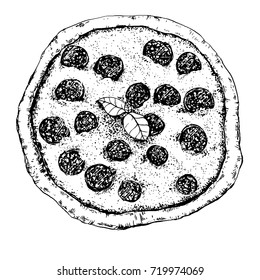 Food illustration with italian pizza peperoni in sketch style