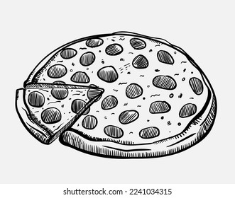 Food illustration with Italian pizza pepperoni in sketch style.