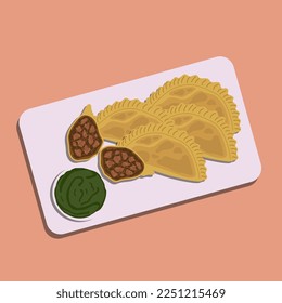 Food illustration, Latin American baked beef empanadas with sauces on white plate for poster design