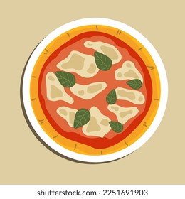 Food illustration, neapolitan homemade pizza margarita from the brick oven. Napoleon Italian Pizza with fresh mozzarella and basil leaves. true Italian Traditional Pizza Margherita for poster design