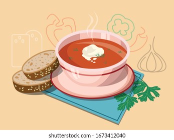 Ilustración de alimentos en un fondo beige. Un plato de sopa caliente con crema agria en una servilleta azul con dos rebanadas de pan fresco y un sorbo de perejil al fondo de las verduras