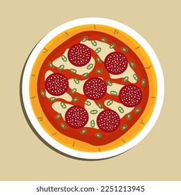 Food illustration, pizza alla diavola with spicy salami, mozzarella, tomato and basil. view from top. on white plate for poster design