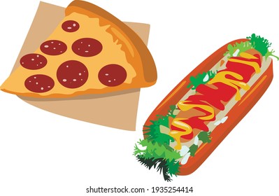 food illustration. pizza and hot dog on a white background.