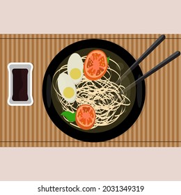 food illustration. A plate of broth with udon, tomatoes and eggs