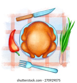 Food illustration. Plate, knife, fork, roast chicken, leek, red pepper, checkered tablecloth isolated on white background. Top view
