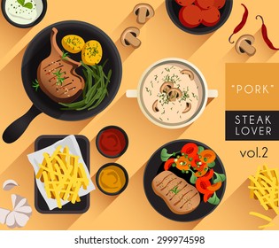 Food Illustration : Pork Steak Set : Vector Illustration