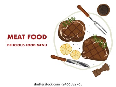 Food illustration, ribeye meat on a plate, used for cooking steak and grilling vector cartoon illustration for a butcher shop or steak restaurant menu.