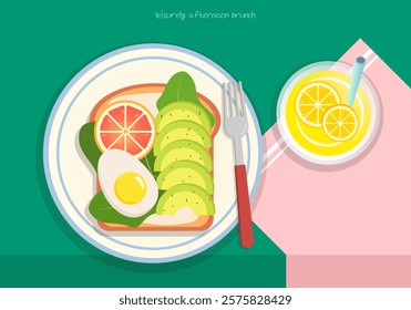 Food illustration. Sandwich with grapefruit, avocado and egg on bread and cool lemonade. Vector illustration.