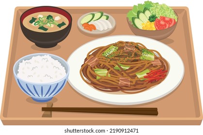 food illustration
Sauce-flavored yakisoba set meal