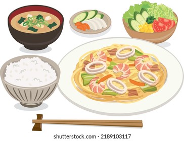 food illustration
Seafood Salt Yakisoba Set Meal