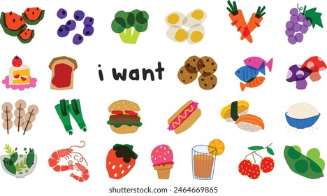 Food Illustration | Simple Shape | Multiply effect | Watermelon Egg Hamburger Ice Cream Ingredients Carrot Strawberry Rice Fish Cake Blueberry | Isolated Clip Art