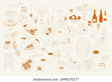 Сollection of food illustration in sketch style. Brunch, dinner, lunch dishes. Editable vector illustration.kitchen art.