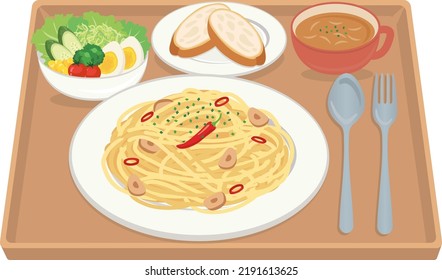 food illustration
spaghetti aglio e olio spaghetti (pasta) lunch set