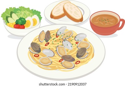 food illustration
Spaghetti Alle Vongole Bianco (pasta)
lunch set