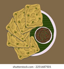 Food illustration, Tempe Mendoan is a traditional food made from tempeh covered in flour batter with a mixture of sliced leeks and spices. cooked by frying and serve with sauce for poster design