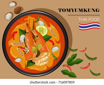 food illustration Tom Yum Kung Thai spicy soup vector top view
