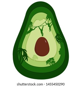 Food illustration. Vector avocado. Monkey.