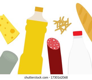 Food illustration vector. Cheese, bread, pasta, milk, sausage