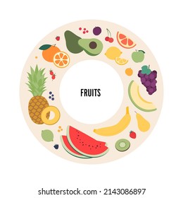 Food illustration. Vector flat design variation of different fruits symbol in circle frame isolated on white background.