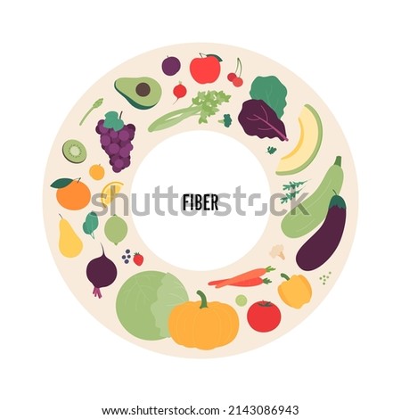 Food illustration. Vector flat design variation of different fiber sources product symbol in circle frame isolated on white background.