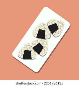 Food illustration,Japanese rice ball with hiragana word means "Onigiri". Japanese food. Rice ball filled with Salmon, pickled plum and wrapped with dried seaweed sheet (Nori).Flat vector illustration
