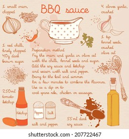 Food illustrations collection, food ingredients, barbecue sauce recipe.