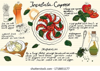 Food illustrations collection, food ingredients, caprese salad recipe. Italian food.