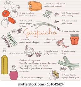 Recogida de ilustraciones alimenticias, ingredientes alimentarios, receta de gazpacho.