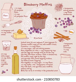 Food illustrations. Food ingredients. Blueberry muffins recipe. Vector.