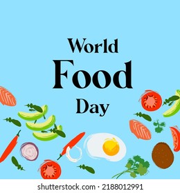 Ilustraciones alimentarias sobre el fondo azul con texto Día Mundial de la Alimentación
