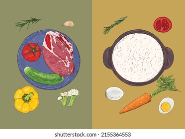 Food illustrations, food set. Products for recipes, menus. Vegetables, fruits for cooking.