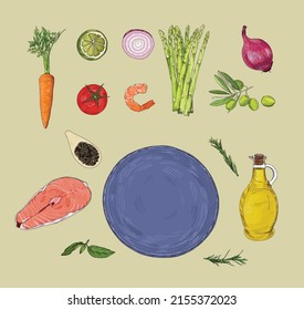 Food illustrations, food set. Products for recipes, menus. Vegetables, fruits for cooking.