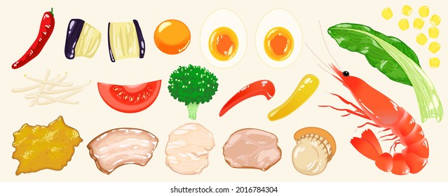 Food illustrations, vegetables, eggs, meat, seafood, boiled eggs, eggplants, tomatoes, broccoli, sprouts, paprika, corn, shrimp, scallops, charcoal, chingensai, pop touches, colorful foods, toppings, 