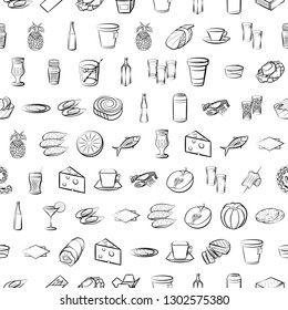 Food images. Background for printing, design, web. Seamless. Monochrome binary, black and white.