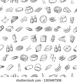 Food images. Background for printing, design, web. Seamless. Monochrome binary, black and white.