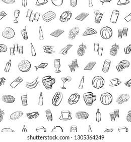 Food images. Background for printing, design, web. Seamless. Monochrome binary, black and white.